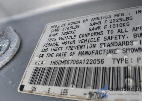 2006 Honda Accord 2.4 Ex from USA, damaged, VIN 1HGCM56706A122056